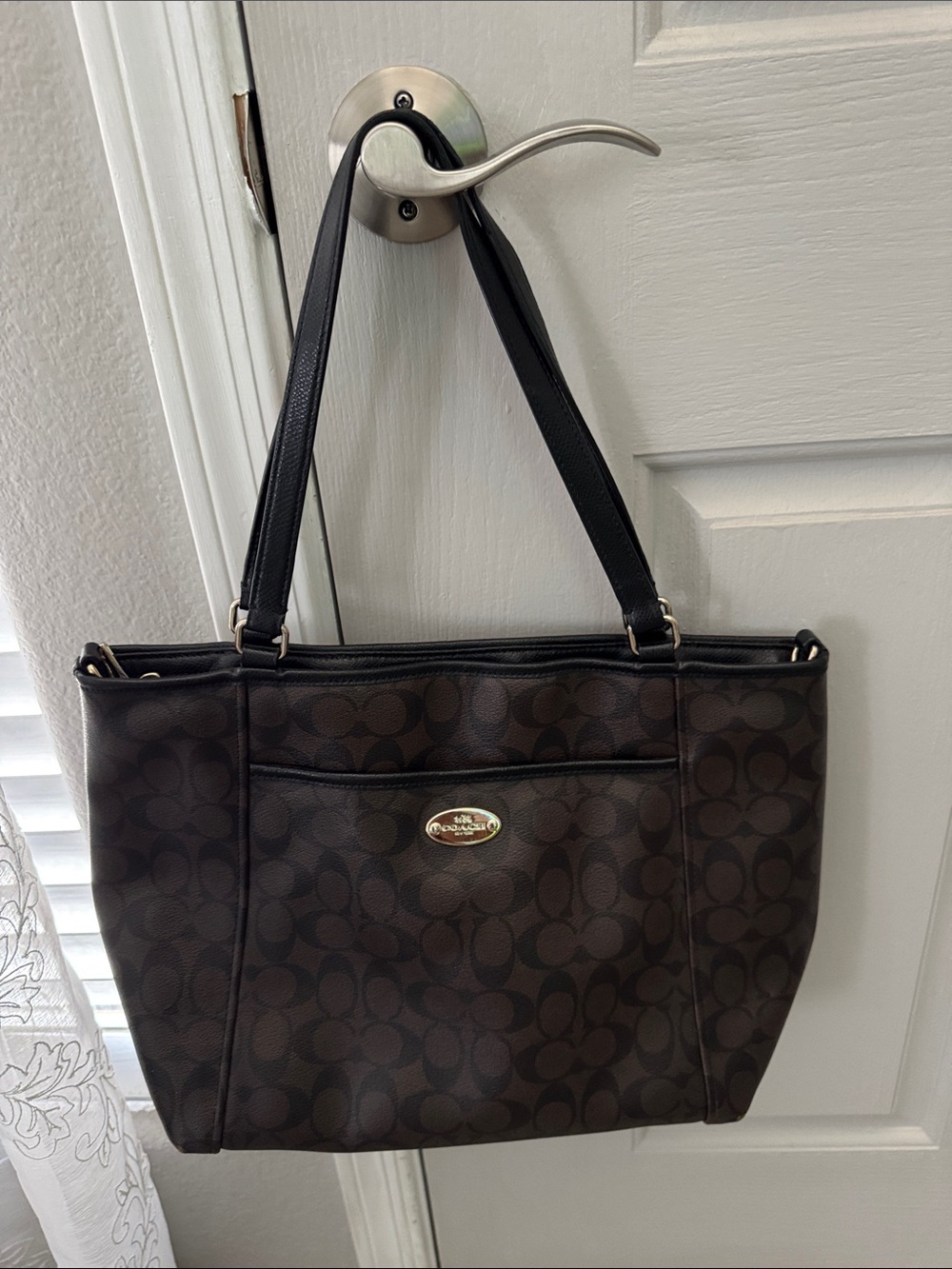 Coach Signature Brown Tote Bag with Black Straps